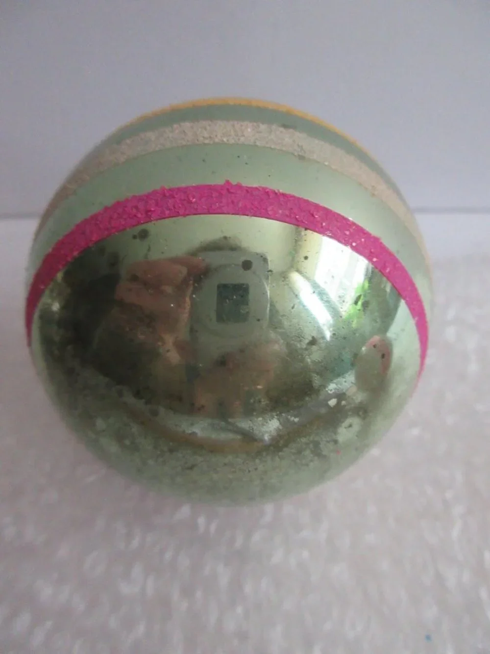 3 Shiny Brite Striped Mica Glass Christmas Ornaments Green, Pink, White Vtg
